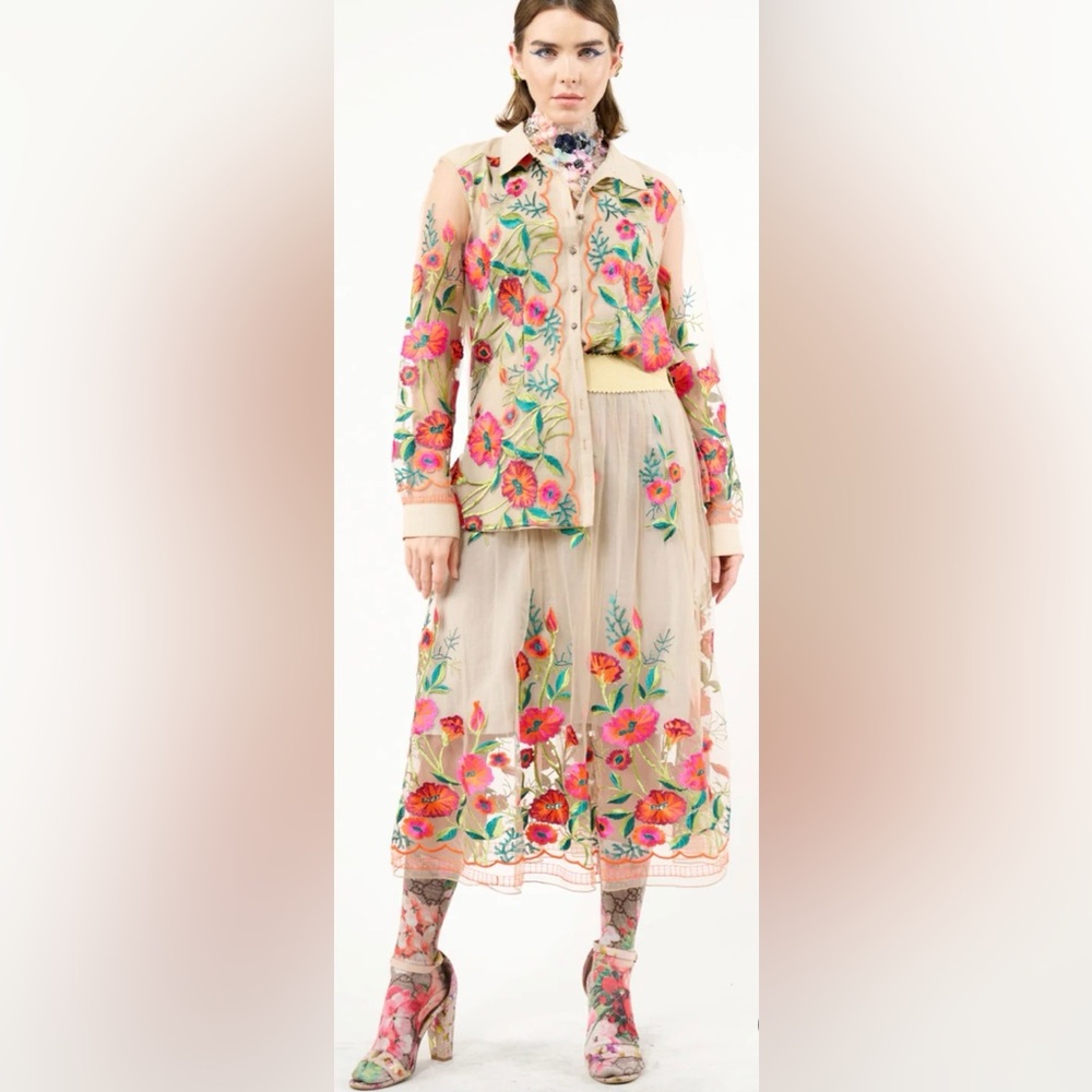 ARATTA SILENT JOURNEY VINTAGE TULIPS EMBROIDERED MIDI SKIRT
